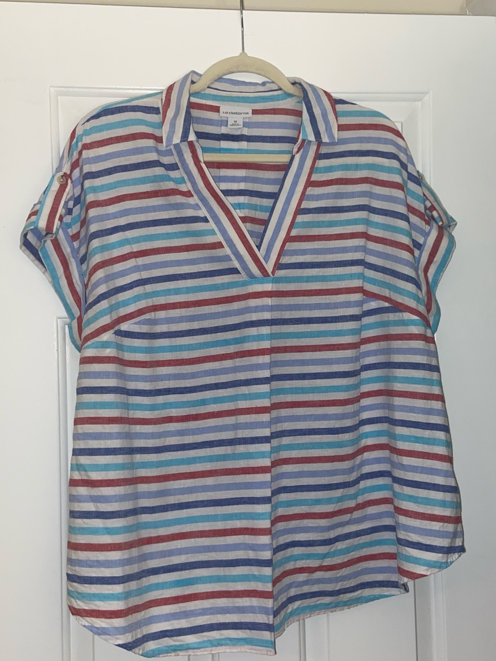 Liz Claiborne Striped V-Neck Collared Tunic in Blue, Red, Teal, and White